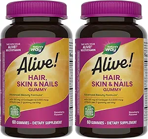 Naturen er i live! Hår, Hud & Nails Gummies, Advanced Beauty Formel *, with Biotin and Collagen, Strawberry Flavored, 60 Gummies (Packaging May Vary) (pakke med 2)