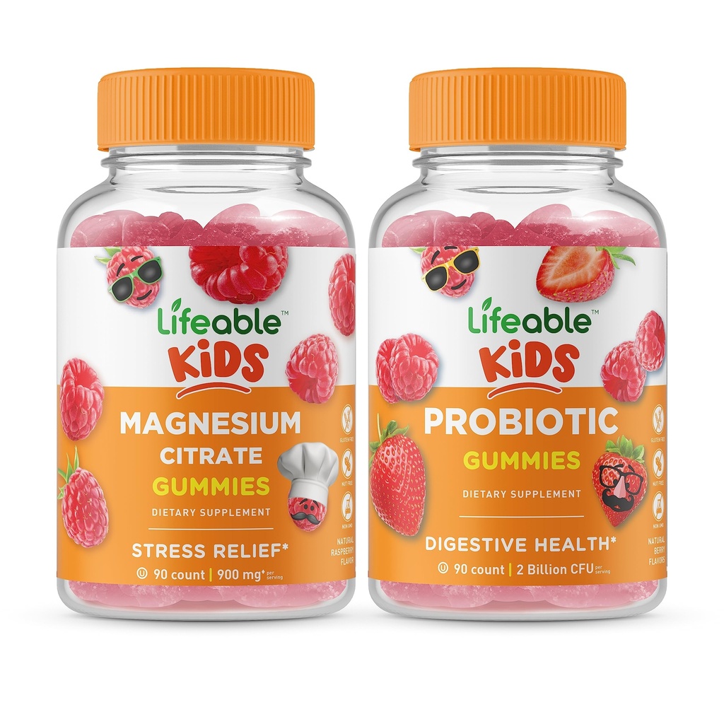Lifeable Magnesium Kids + Probiotiske 2 milliarder CFU Kids, Gummies Bundle - Great Tasting, Vitamin Supplement, Gluten Free, GMO fri, Chewable Gummy