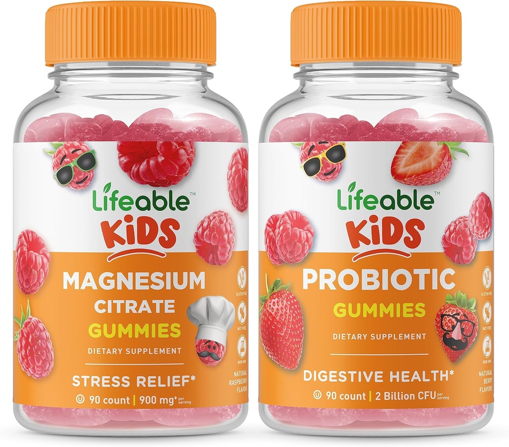 Lifeable Magnesium Kids + Probiotiske 2 milliarder CFU Kids, Gummies Bundle - Great Tasting, Vitamin Supplement, Gluten Free, GMO fri, Chewable Gummy