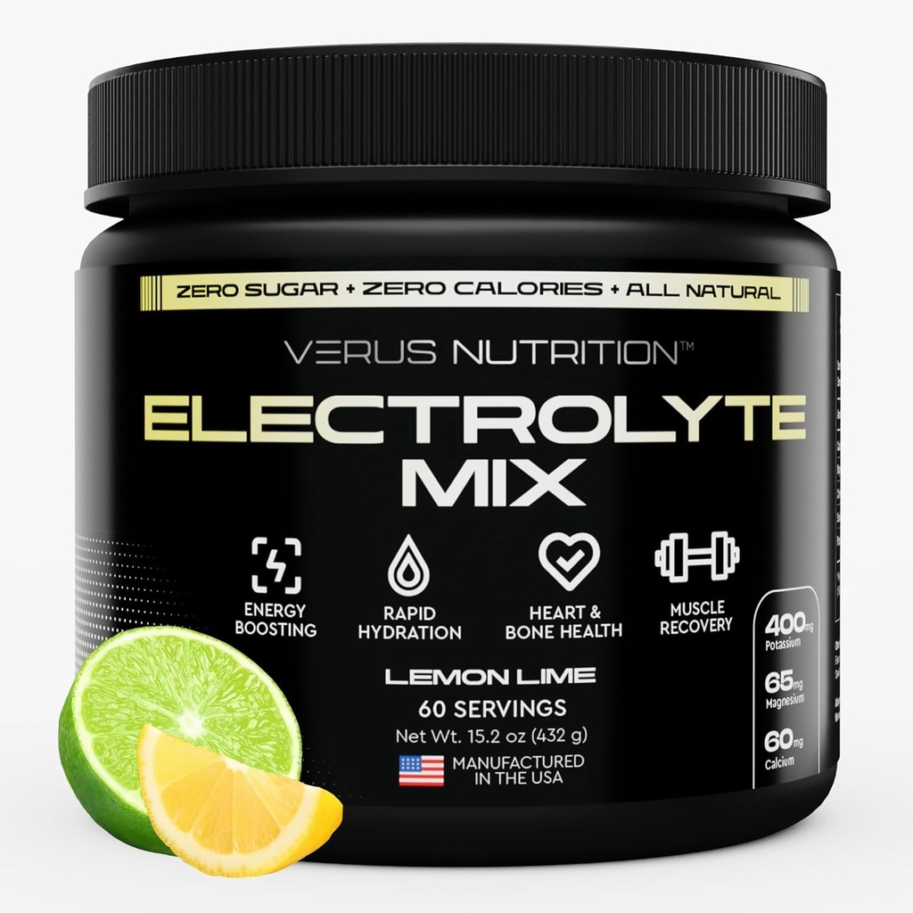 Elektrolyter Powder No Sugar- Zero Calorie Hydration Powder Б124; Sugar Free Electrolytes for fasting, Keto & Vegan Б124; Natural Ingredients Electrolyte Mix, 60 Servere (Lemon Lime)