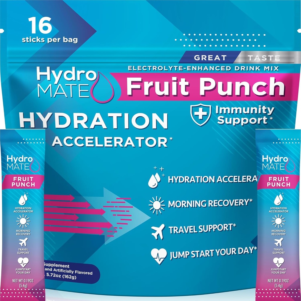 HydroMATE Electrolyte Powder Fruit Punch Hydration Pakninger Lavt sukker 16 Tælling