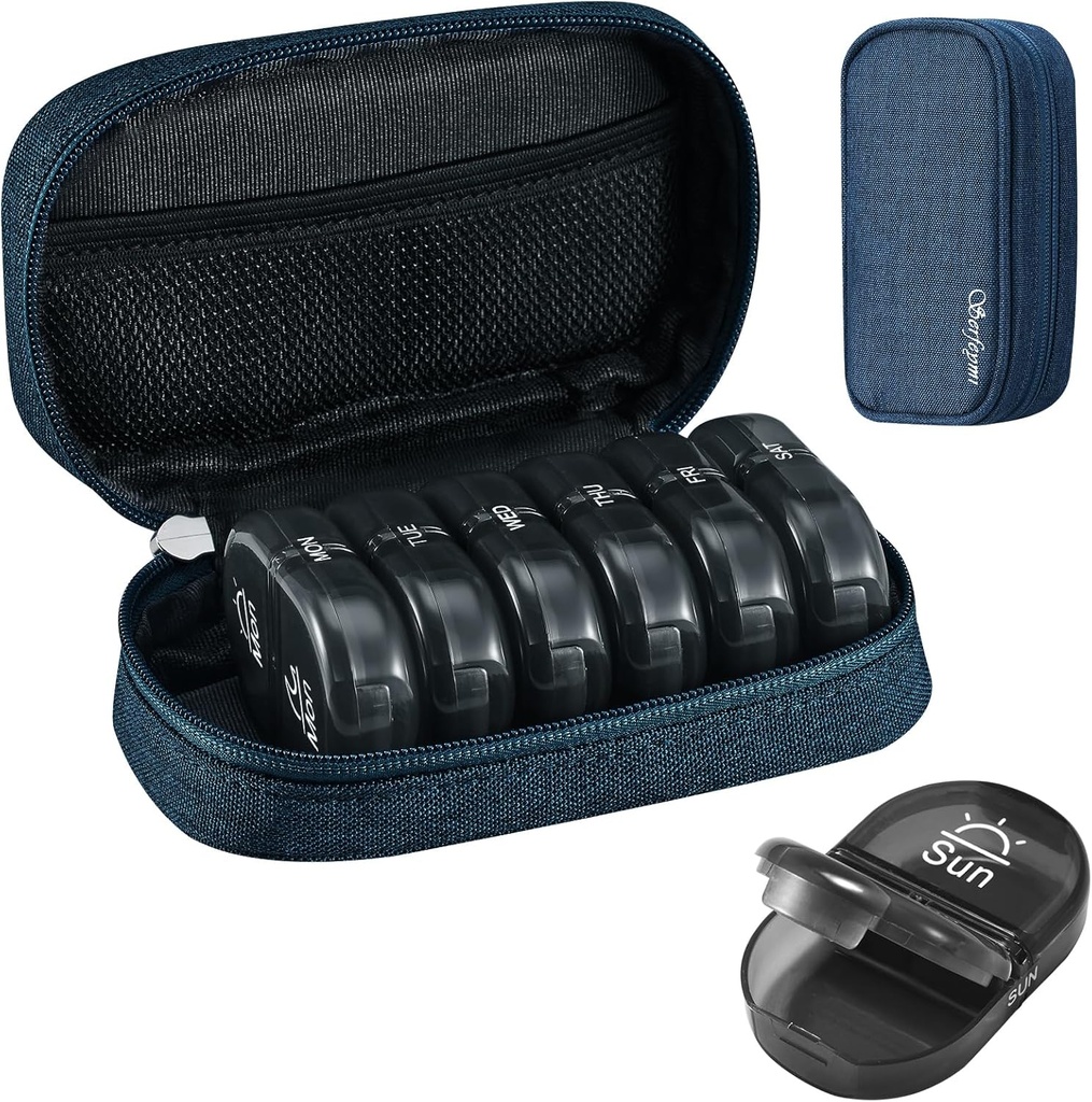 Serfeymi Weekly Travel Pill Organizer 2 gange en dag PM opgraderet Black Pill Box 7 Dag med Portable Zipper Canvas Pill Case, Medicin Organizer til piller, Vitaminer, Kosttilskud, Fiskeolier - Blå 01