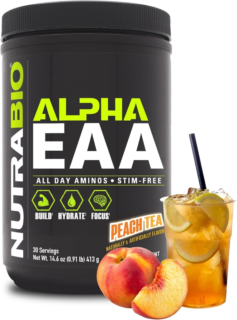 NutraBio Alpha EAA - All- Day Aminosyrer til muskelvækst og hydrering - Essentielle Aminosyrer med Nootropics & Adaptogen- Full Spectrum EAA BCAA pulver - 30 Servering - Peach Tea
