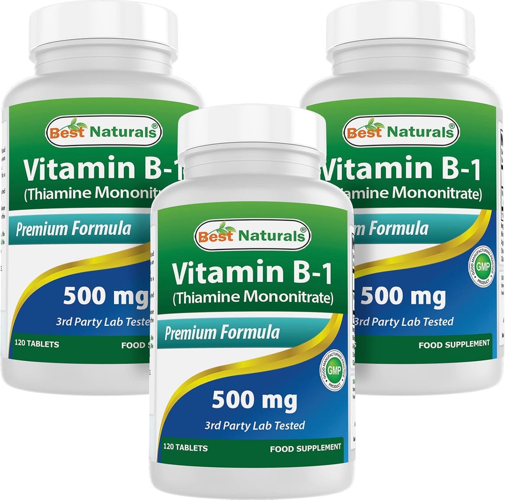 Bedste Naturals Vitamin B1 som Thiamin Mononitrate 500 mg 120 tabletter (120 Tæl (pakning med 3))
