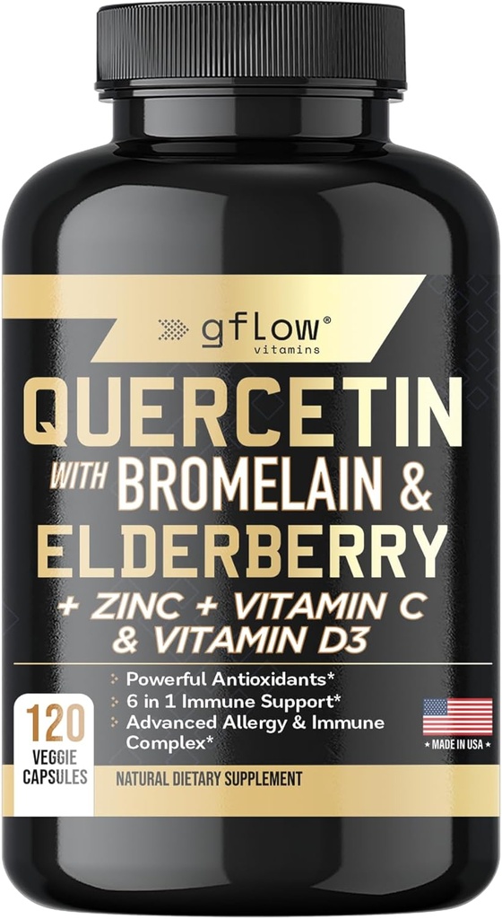 Quercetin med Bromelain Zink Vitamin C Vitamin D Elderberry - 120 Veggie kapsler, Non-GMO, Gluten- fri