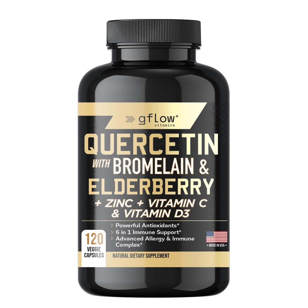 Quercetin med Bromelain Zink Vitamin C Vitamin D Elderberry - 120 Veggie kapsler, Non-GMO, Gluten- fri