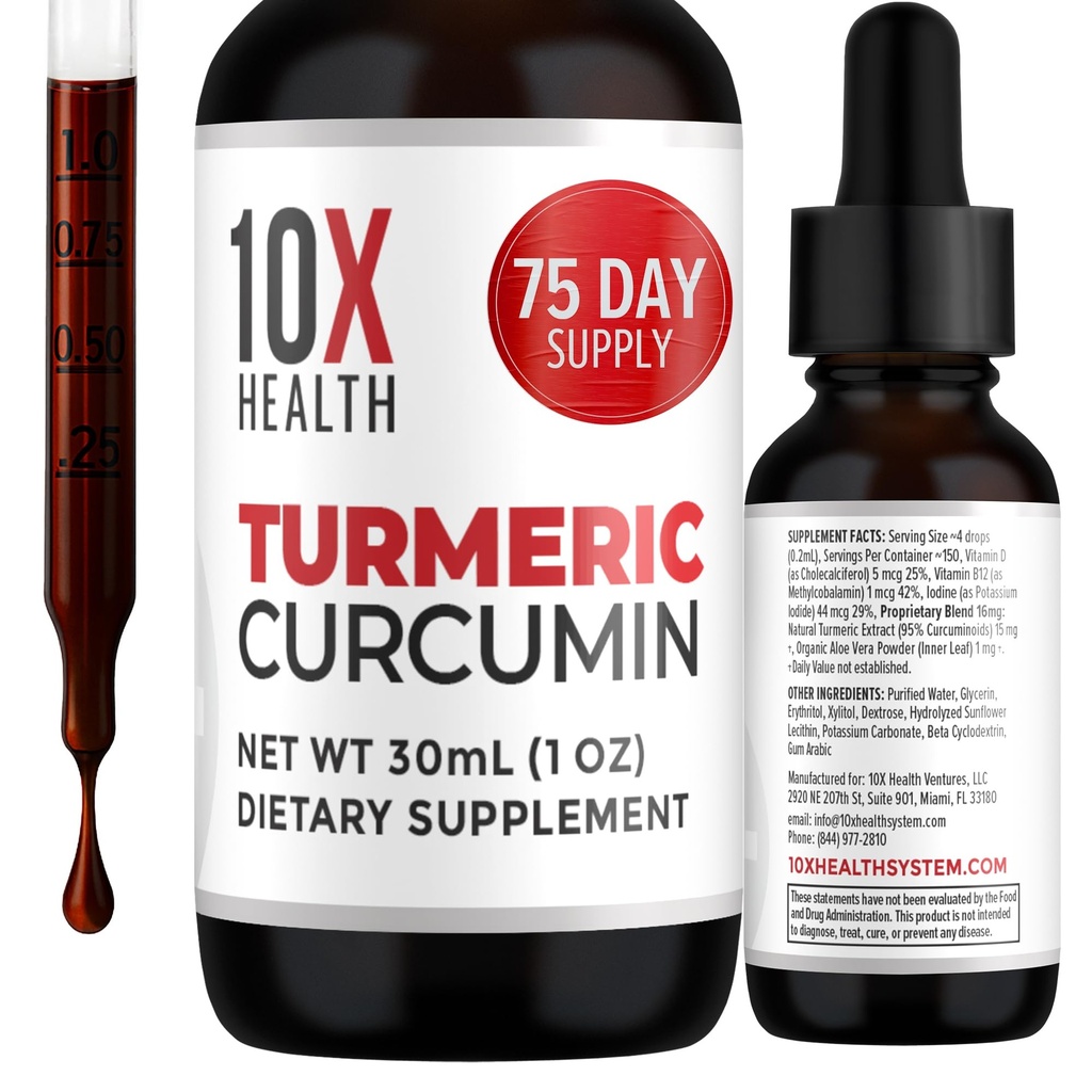 10X Sundhed Gurkemeje supplement med vitamin D3 & B12- 30mL Høj Absorption Gurkemeje supplement til fælles kosttilskud til kvinder, Immunitet & hjerte sundhed - Curcuma, Curcumin kosttilskud