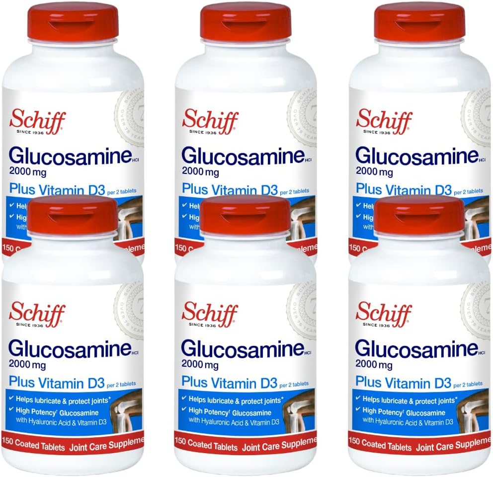 Schiff Glucosamin 2000mg med D3- vitamin og Hyaluronsyre, 150 tabletter - Joint Supplement (pakning med 6)