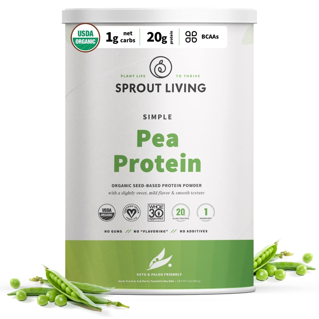 Sprud Living Organic Pea Protein Powder, Unflavored, 20 Gram Plant Based Organic Protein Powder uden kunstige sødestoffer, non Dairy, non-GMO, Vegan, Gluten Free (2 Pund, 38 Servering)