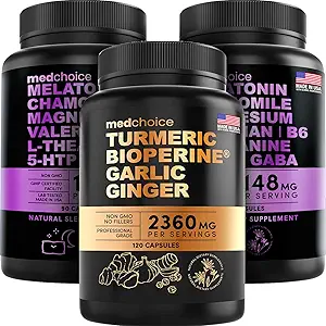 MEDCHOICE Gurkemeje & Ingefær (120ct) og søvnmelatonin (180ct) Supplement Bundle - Wellness Duo til fælles, fordøjelse, søvn, & immunforsvar - Vegan, non-GMO, gluten- fri