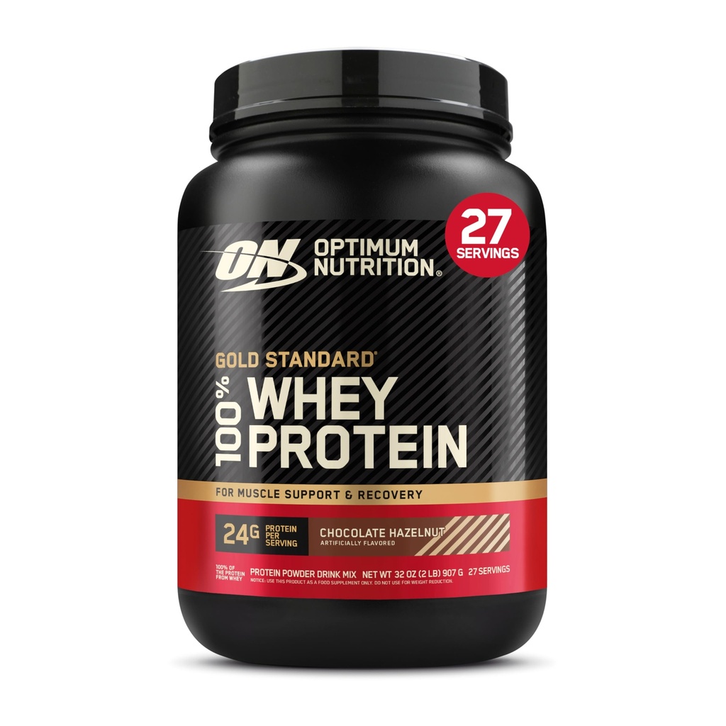 Optimum Nutrition Gold Standard 100% Whey Protein Powder, Chokolade Hasselnød, 2 Pund (Packaging May Vary)