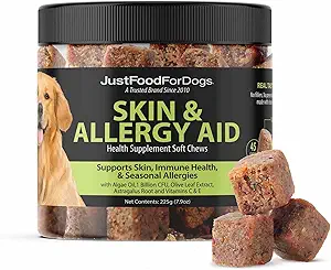 Justfood ForDogs Hud & Allergy Care Soft Chews Supplement for hunde, Sæsonallergi, Itchy Skin Relief, Betændelse, immunforsvar - 45 Tæl