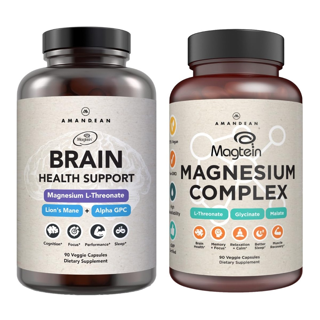 AMANDEAN Premium Brain & Magnesium Bundle: High- Absorption Magnesium L- Threonate, Glycinate & Malate, USA- Grown Organic Lions Mane 6: 1 Extract, og Alpha- GPC. Understøtter kognitiv sundhed, fokus og søvn