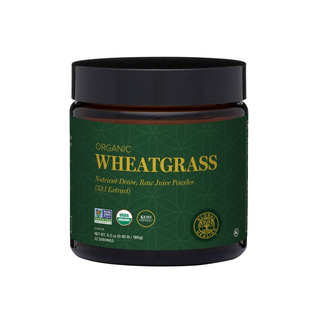 Global Healing Hvede Grass Powder Organic 180g - Nutrient- Dense, Raw Wheatgrass Juice Powder (33: 1 Uddrag) med stærke antioxidanter til immunforsvar & Energy Boost - Cold- Process, non-GMO - 6.3 Oz