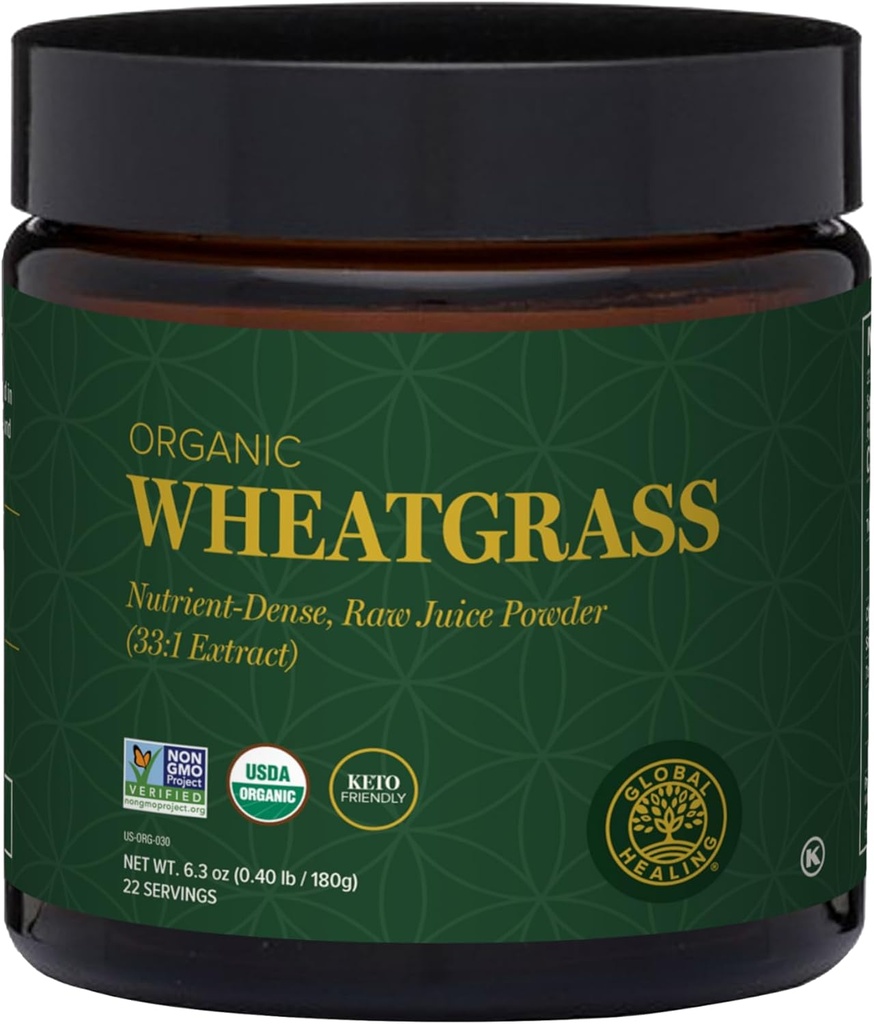 Global Healing Wheat Grass Powder Organic 180g - Nutrient-Dense, Raw Wheatgrass Juice Powder (33:1 Extract) with Strong Antioxidants for Immune Support & Energy Boost - Cold-Process, Non-GMO - 6.3 Oz