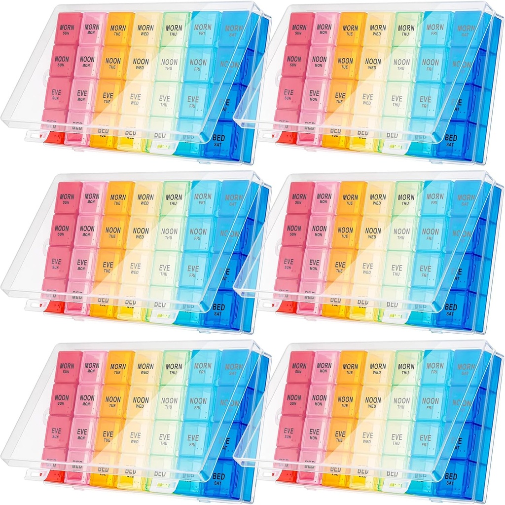 Hsei 6 Pack Weekly Pill Organizer Box 4 gange om dagen 7 Dag Vandtæt Pill sag Big Medication Box Rejser Daglig Container for Vitaminer Fish Oil Kosttilskud