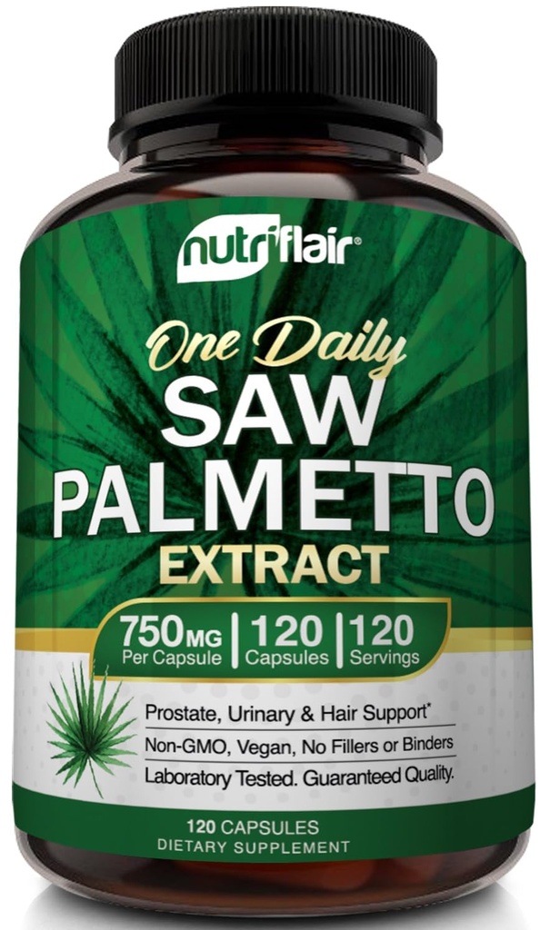 NutriFlair Saw Palmetto Extract 750mg, 120 Kapsler - Natural Prostate Supplement & Berry Health Support - Hjælper Block DHT til at forebygge hårtab og hjælper med at reducere hyppig vandladning, for kvinder og mænd