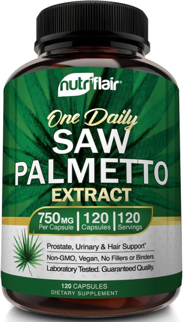 NutriFlair Saw Palmetto Extract 750mg, 120 Kapsler - Natural Prostate Supplement & Berry Health Support - Hjælper Block DHT til at forebygge hårtab og hjælper med at reducere hyppig vandladning, for kvinder og mænd