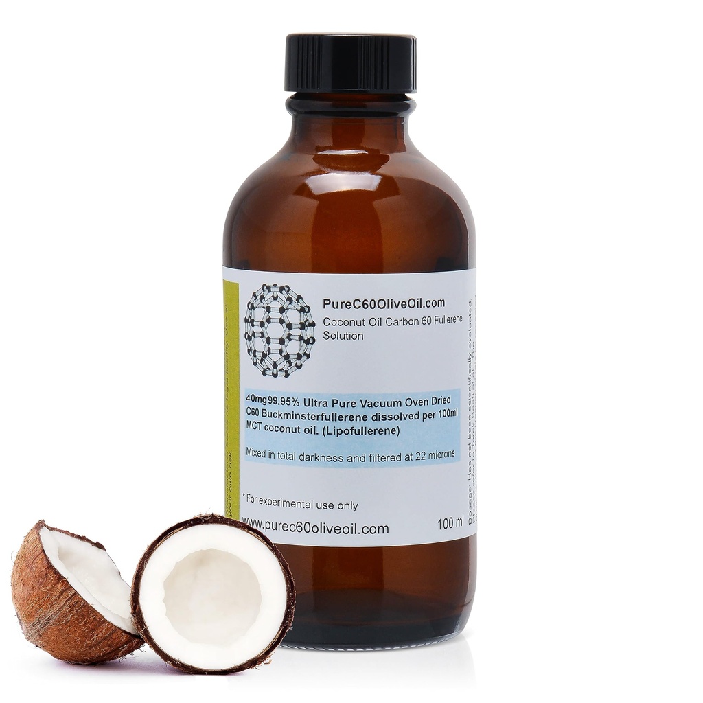 PureC60OliveOil C60 Organic MCT Coconut Oil 100ml / 3.4 Fl Oz - 99,95% Carbon 60 Solvent Free 40mg - Amber Glass Flaske - Food Grade - Carbon 60 Coconut Oil - Fra den førende globale producent