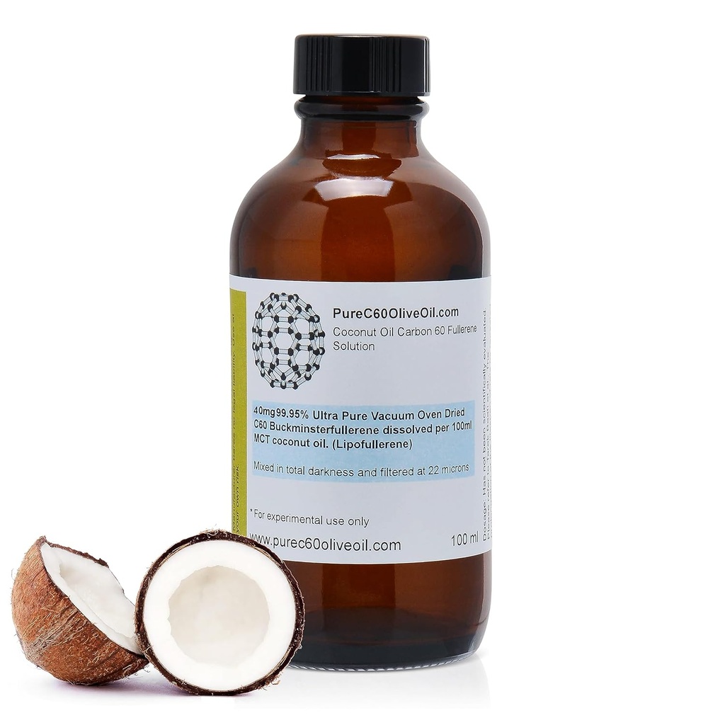 PureC60OliveOil C60 Organic MCT Coconut Oil 100ml / 3.4 Fl Oz - 99,95% Carbon 60 Solvent Free 40mg - Amber Glass Flaske - Food Grade - Carbon 60 Coconut Oil - Fra den førende globale producent