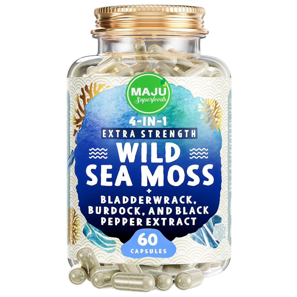 MAJU 4- in-1 Organic Sea Moss Capsules, Wild Chondris Crispus, Seamoss w / Bladderwrack + Burdock Root, Strong Than Gel, Irish, Sebi Inspired Raw Powder in Pills, 500 mg Capsule (60 ct)