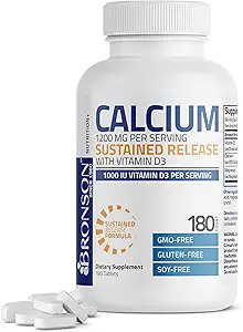 Bronson Calcium 1200 MG Per Servering Vedvarende frigivelse med D3- vitamin 1000 IE D3- vitamin Per Servering Ikke- GMO, 180 tabletter