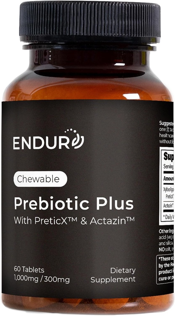 Endurance Produkter ENDUR Prebiotic Plus med Actazin & PreticX Complex, Hjælper dig med at føle lys, Komfortabel og selvsikker Hver dag, Gluten Free, 60 tabletter