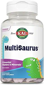KAL MultiSaurus Kids Chewable Multivitaminer, 11 essentielle vitaminer og mineraler til børn, blandet berry flavor, Gluten og Konserveringsfri, 60 Servering, 60 dinosaur-formede Chewables