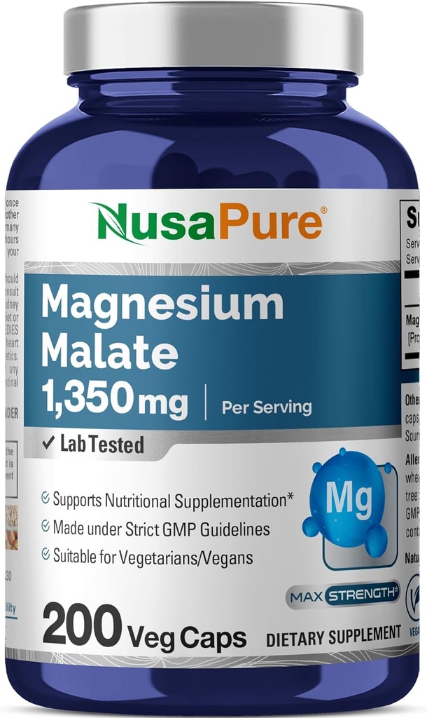 NusaPure Magnesium Malat 1350mg 200 Veggie kapsler (Vegan, non- GMO, Vegan)