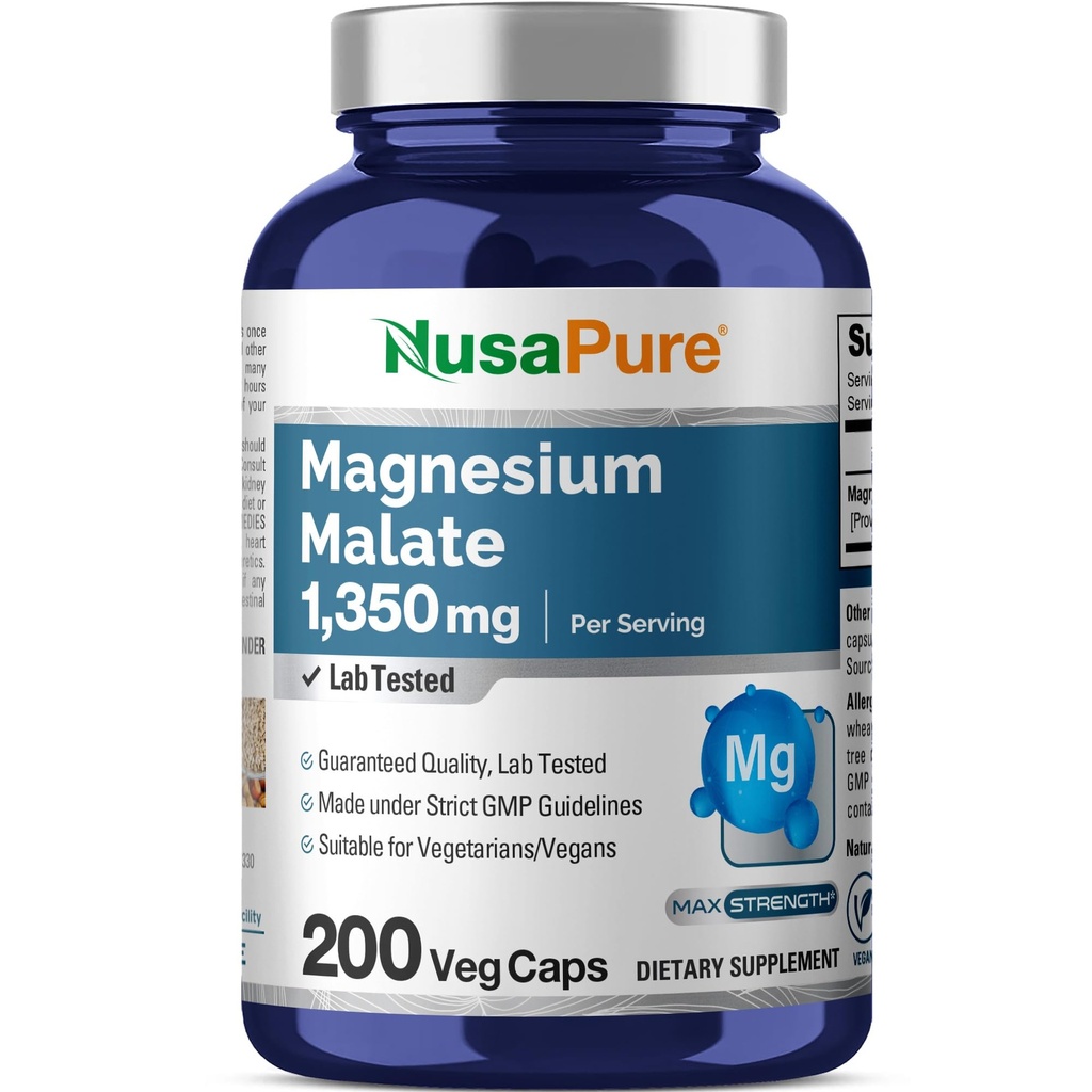 NusaPure Magnesium Malat 1350mg 200 Veggie kapsler (Vegan, non- GMO, Vegan)