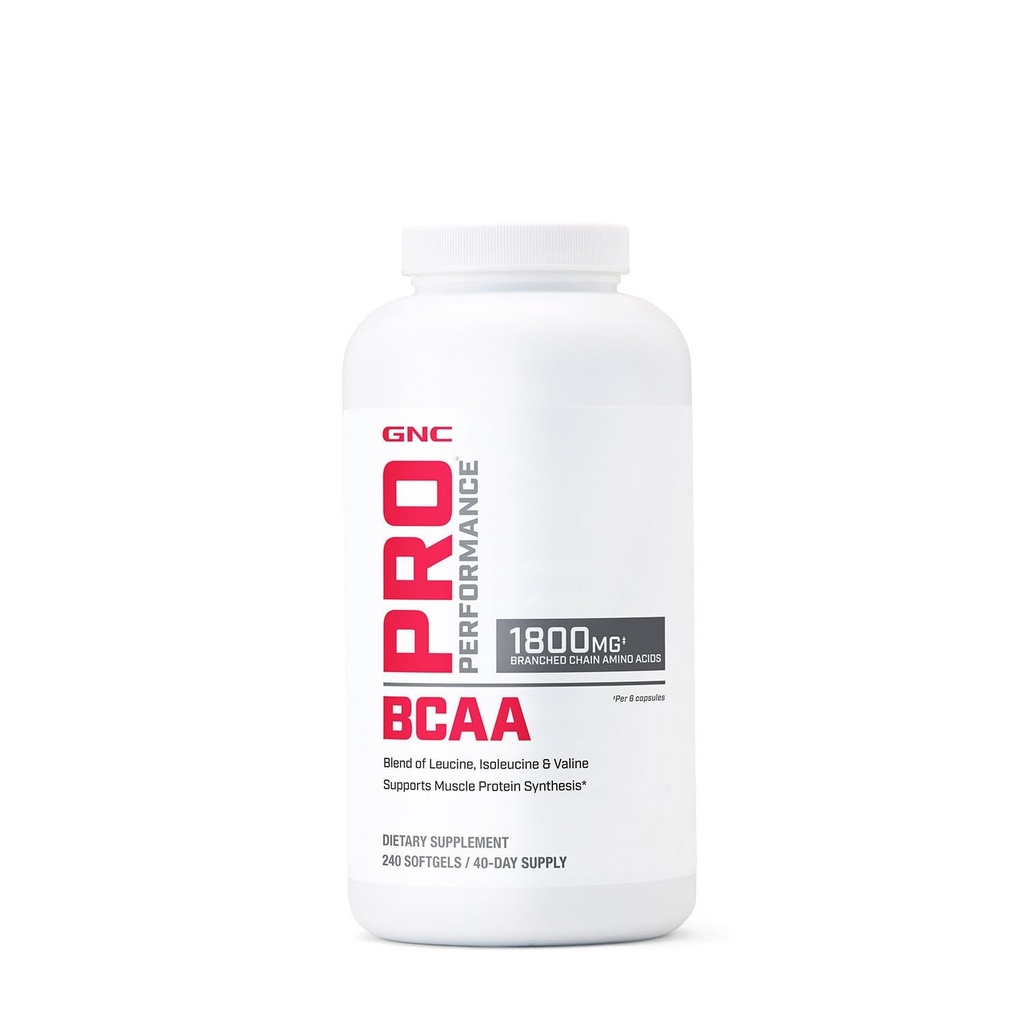 GNC Pro Performance BCAA 1.8g, 3. part testet supplement til mænd og kvinder, forgrenede kæde Aminosyrer, Essential Aminosyrer Understøtter Muskel Protein Syntese, 240 Softgels, 40 SVG