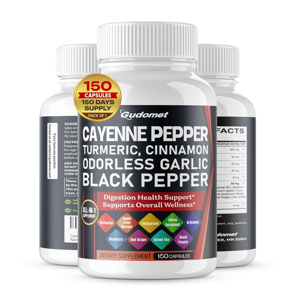 Cayenne Pepper Gurkemeje Odorless Hvidløg Kanel Fenugreek Citrus Bergamot Artiskok Blåbær Green Tea Black Pepper -150 Capsules - Made in USA