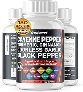 Cayenne Pepper Gurkemeje Odorless Hvidløg Kanel Fenugreek Citrus Bergamot Artiskok Blåbær Green Tea Black Pepper -150 Capsules - Made in USA