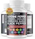 Cayenne Pepper Gurkemeje Odorless Hvidløg Kanel Fenugreek Citrus Bergamot Artiskok Blåbær Green Tea Black Pepper -150 Capsules - Made in USA