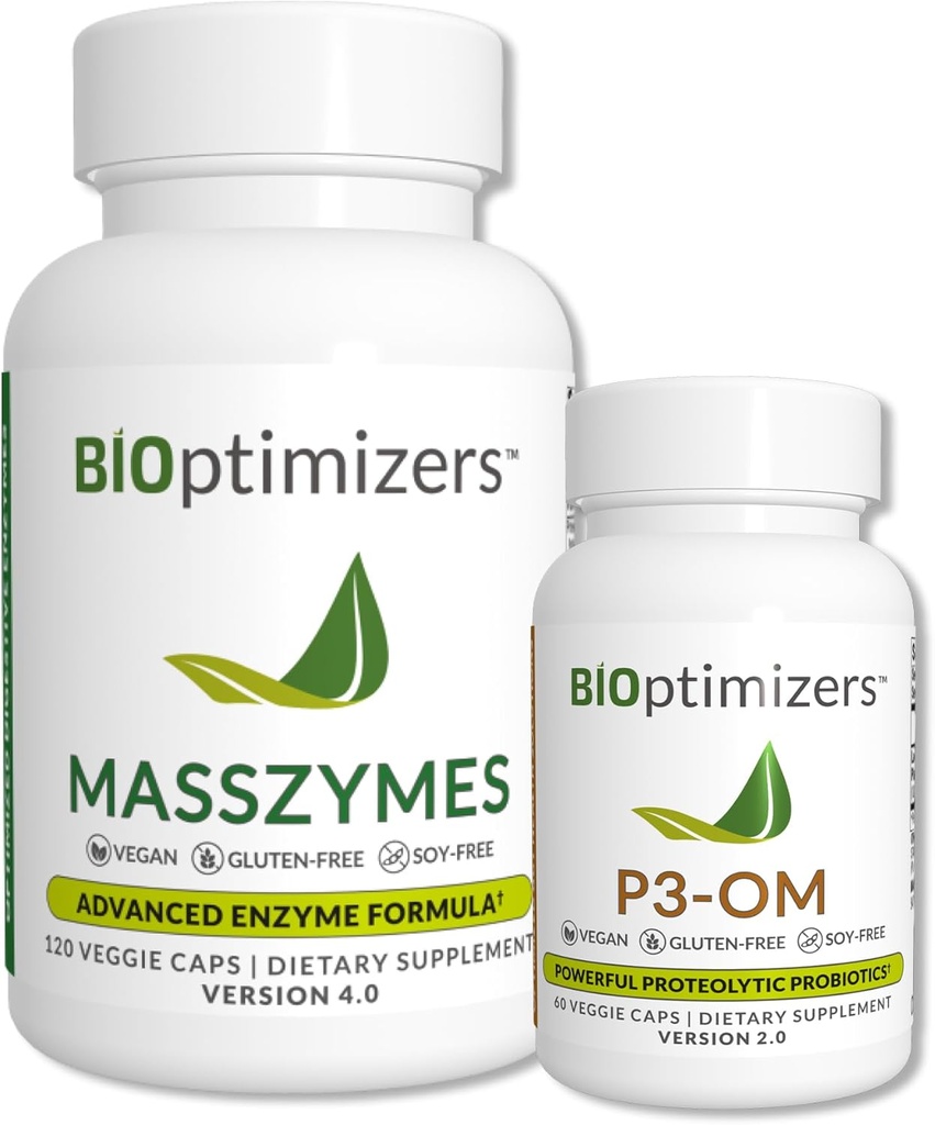 BiOptimizer - P3-OM og MassZymes Bundle - Premium fordøjelsesenzymer og probiotika til kvinder og mænd - Læge-Formuleret (120 MassZymes kapsler, 60 P3-OM kapsler)