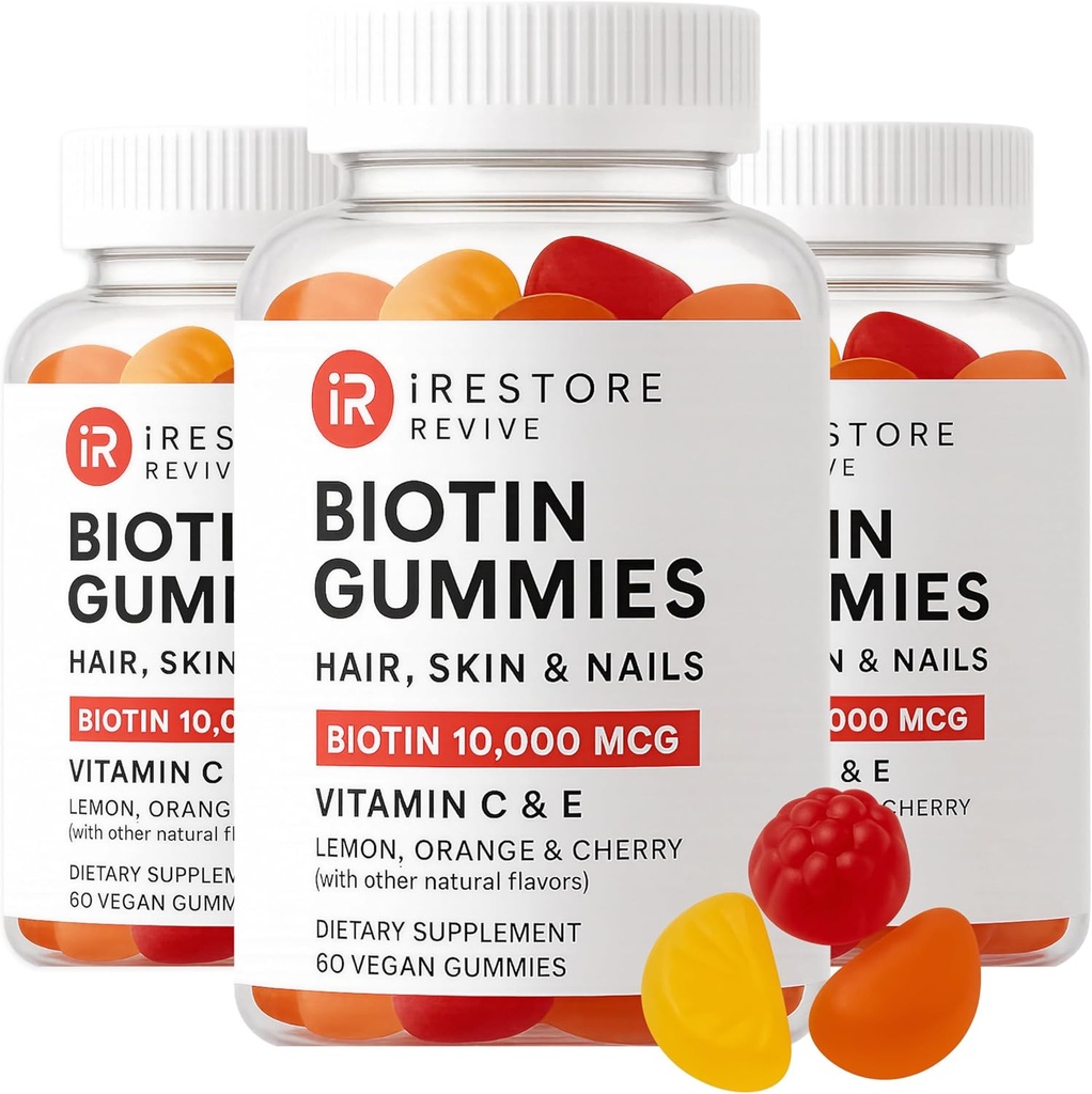 iRestore hår vingummi vitaminer, Vegan biotin gummies for hår hud og negle, hår vækst gummies for kvinder & mænd, Biotin 10,000mcg, 3PK