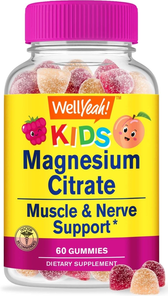 WellYe Magnesium Citrate Gummies for Kids - Chewable Stress Relief Supplement for Children - Natural Calm, Mood Support, Non-GMO, Gluten Free - Natural Sourced Flavors - 60 Gummies