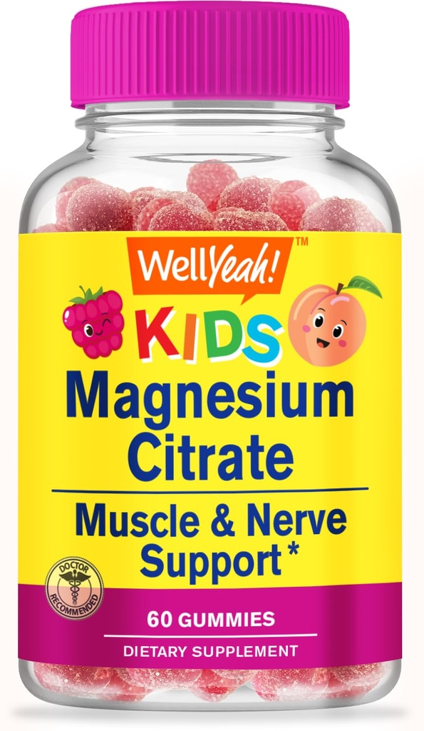 WellYe Magnesium Citrate Gummies for Kids - Chewable Stress Relief Supplement for Children - Natural Calm, Mood Support, Non-GMO, Gluten Free - Natural Sourced Flavors - 60 Gummies