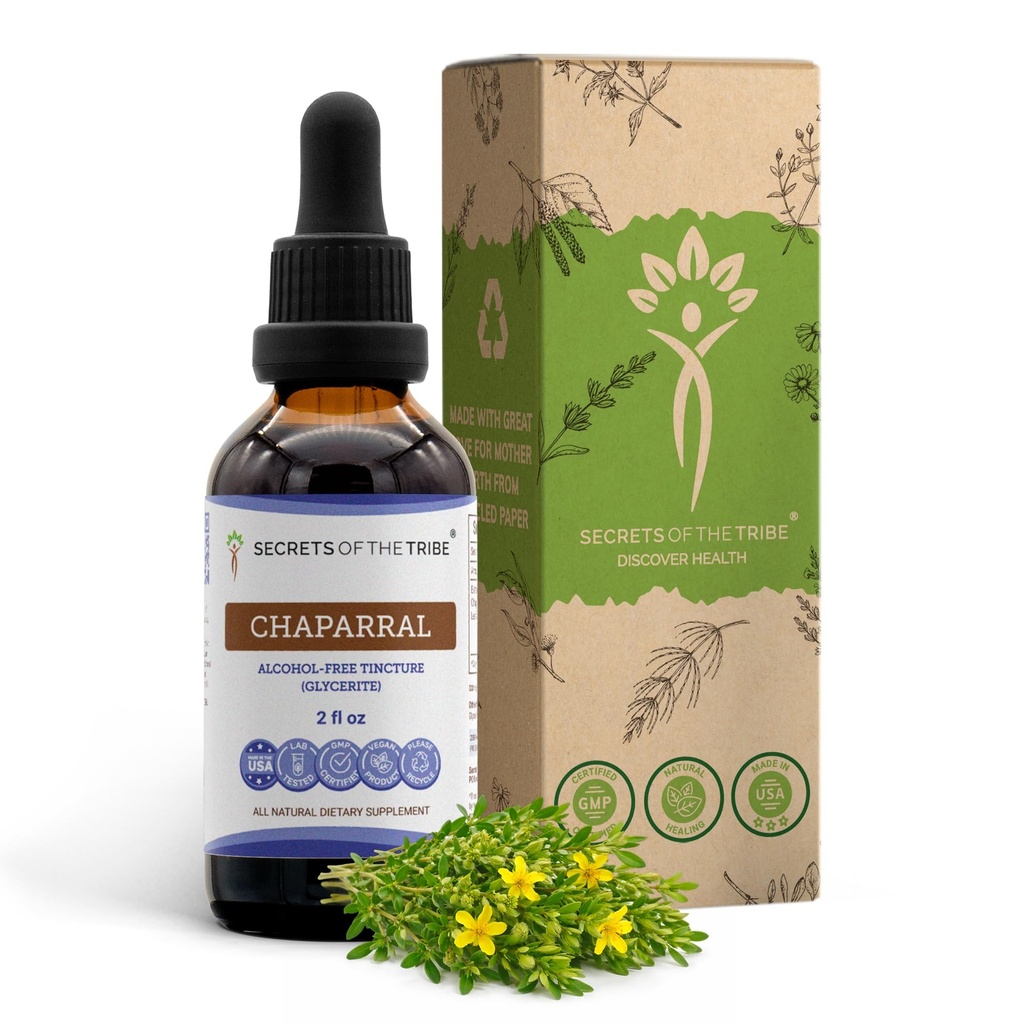 Secrets of the Tribe Chaparral Alcohol-Free Liquid Extract, Chaparral (Larrea tridentata) Dried Leaf and Flower Tincture Supplement (2 FL OZ)