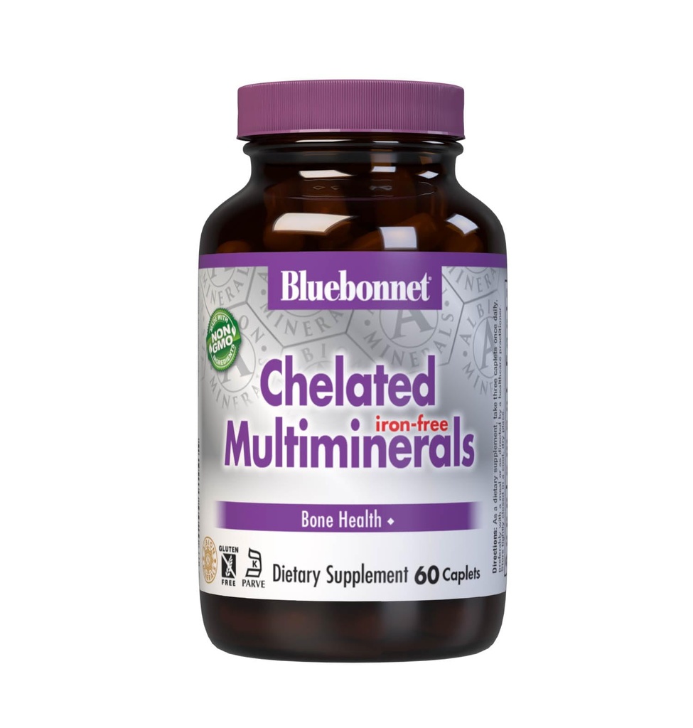 Bluebonnet Nutrition High Potency Chelated Multiminerals (Iron-Free), Albion Chelated Minerals, Soy-Free, Gluten-Free, Non-GMO, Kosher Certified, Dairy-Free, 60 Caplets, 20 Servings