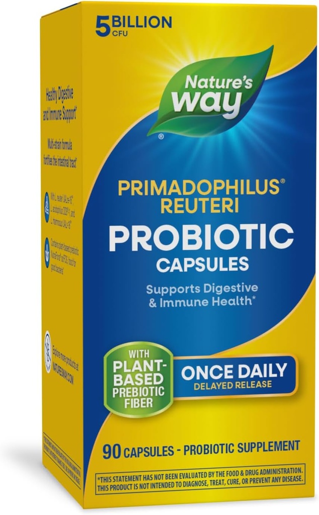 Nature's Way Primadophilus Reuteri Probiotic, Supports Digestive & Immune Health*, 5 Billion Live Cultures, 90 Capsules (Packaging May Vary)