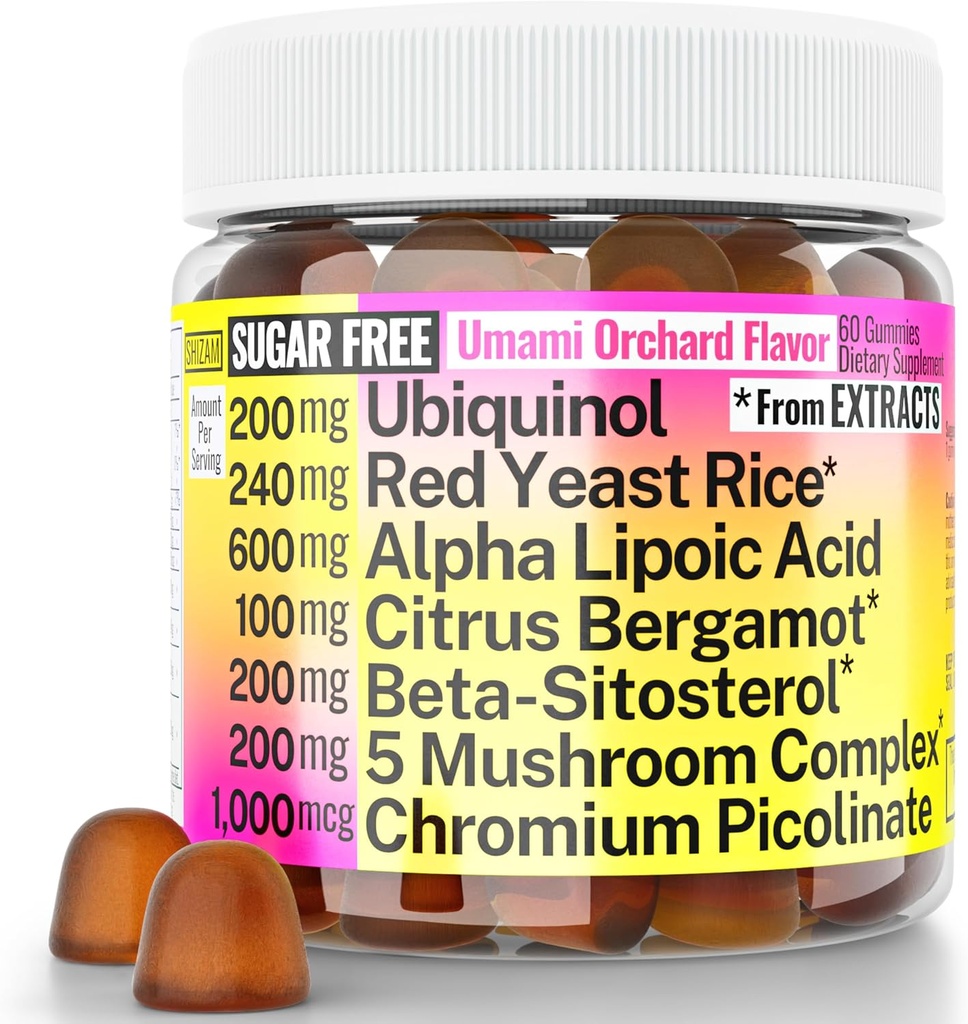 Red Yeast Rice Alpha Lipoic Acid Ubiquinol CoQ10 Citrus Bergamot Beta- sitosterol Chrom Picolinate Sugar- mindre gummies w Lions Mane Turkey Tail Reishi Cordyceps Chaga, piller kapsler Supplement Alt