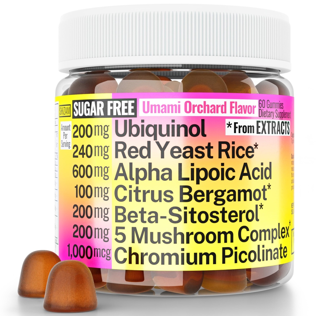 Red Yeast Rice Alpha Lipoic Acid Ubiquinol CoQ10 Citrus Bergamot Beta- sitosterol Chrom Picolinate Sugar- mindre gummies w Lions Mane Turkey Tail Reishi Cordyceps Chaga, piller kapsler Supplement Alt