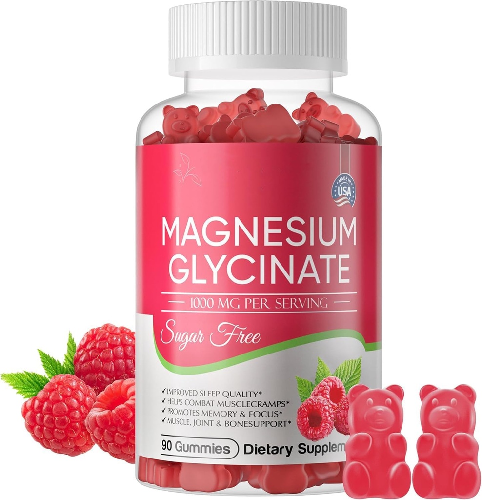 Magnesium Glycinat Gummies 700mg, Sugar Free Magnesium Glycinate, Magnesium Complex Kalium supplement med kalium, VitaminD, B6 for rolig støtte og søvn for voksne - 60 Hindbær Gummies