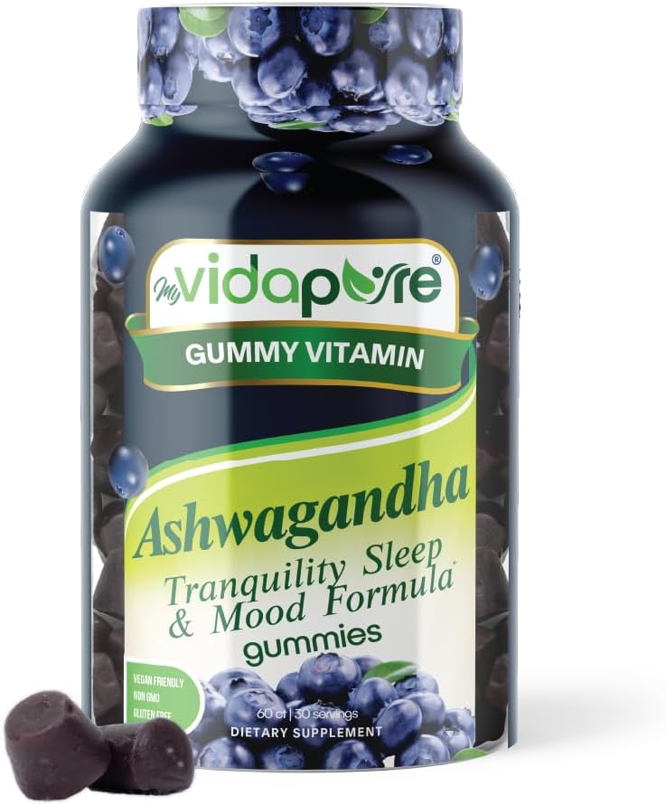 Ashwagandha Gummies, High Potency Ashwagandha Root Extract med Magnesium Glycinate, Melatonin, B6, Valerian Root, GABA, Passion blomst til mænd og kvinder. 60 Grev 30 portioner af myVidaPure
