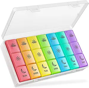 BUG HULL Pill Organizer 3 gange om dagen, Stor Ugentlig Medicin Pill Organizer 3X om dagen, 7 dages Pill Box sager Morgen Noon Aften for Vitamin, Cod- Lever olie, Kosttilskud (Rainbow White)