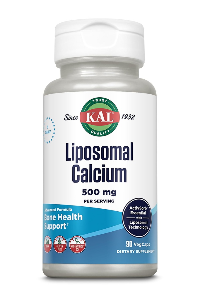KAL Liposomal Calcium 500 mg, High Absorption Calcium Supplement, Essential Calcium Support, Vegan, Gluten Free, No Soy, 30 Servere, 90 VegCaps