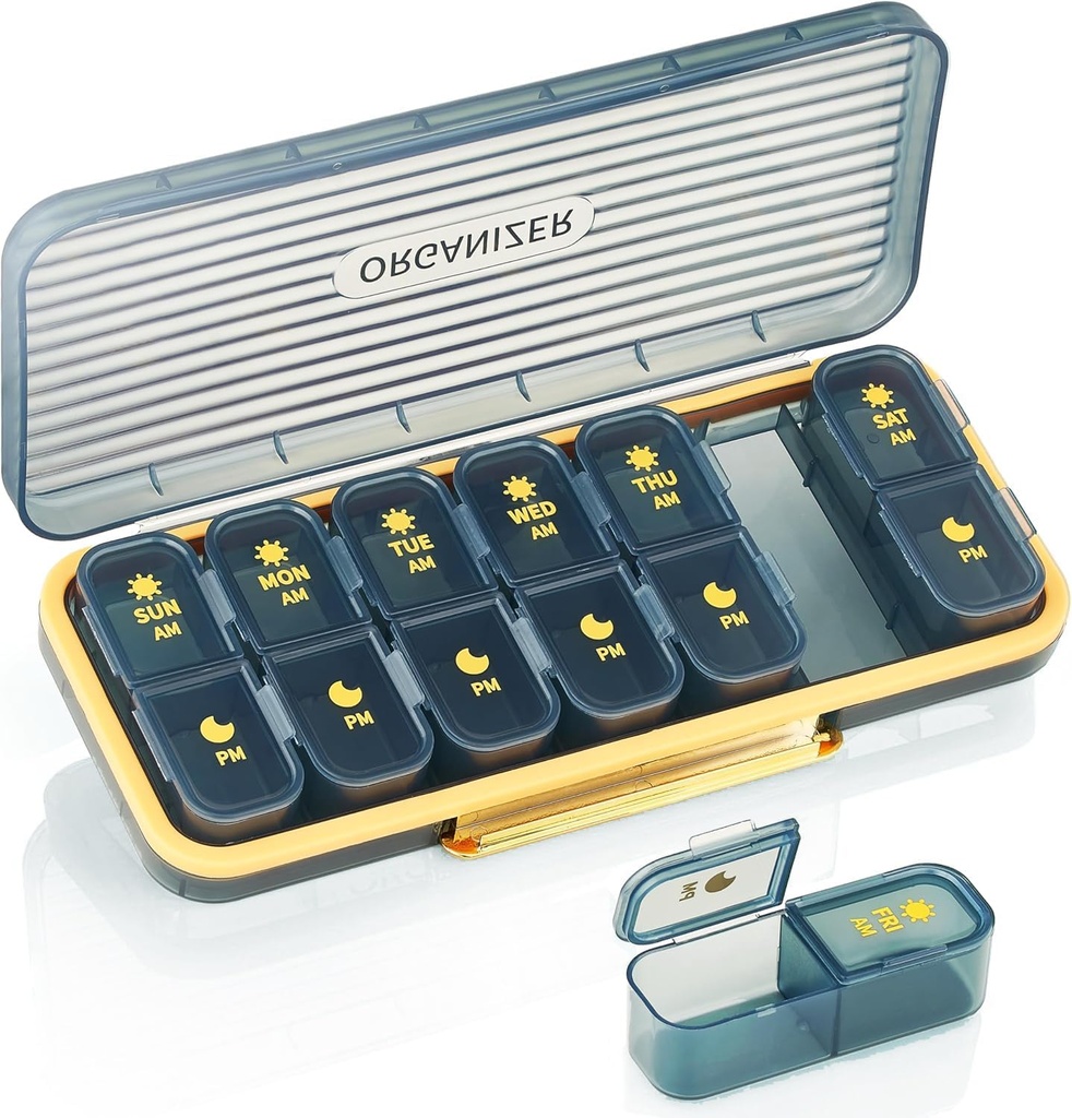 Ugentlig Pill Organizer 2 gange om dagen - Pill Case Am Pm - Rejse Pill Box 7 dag Portable Daily Vitamin Container Aestisk Medicin Dispenser med 7 separate kompartmenter Morgennat tillæg Holder