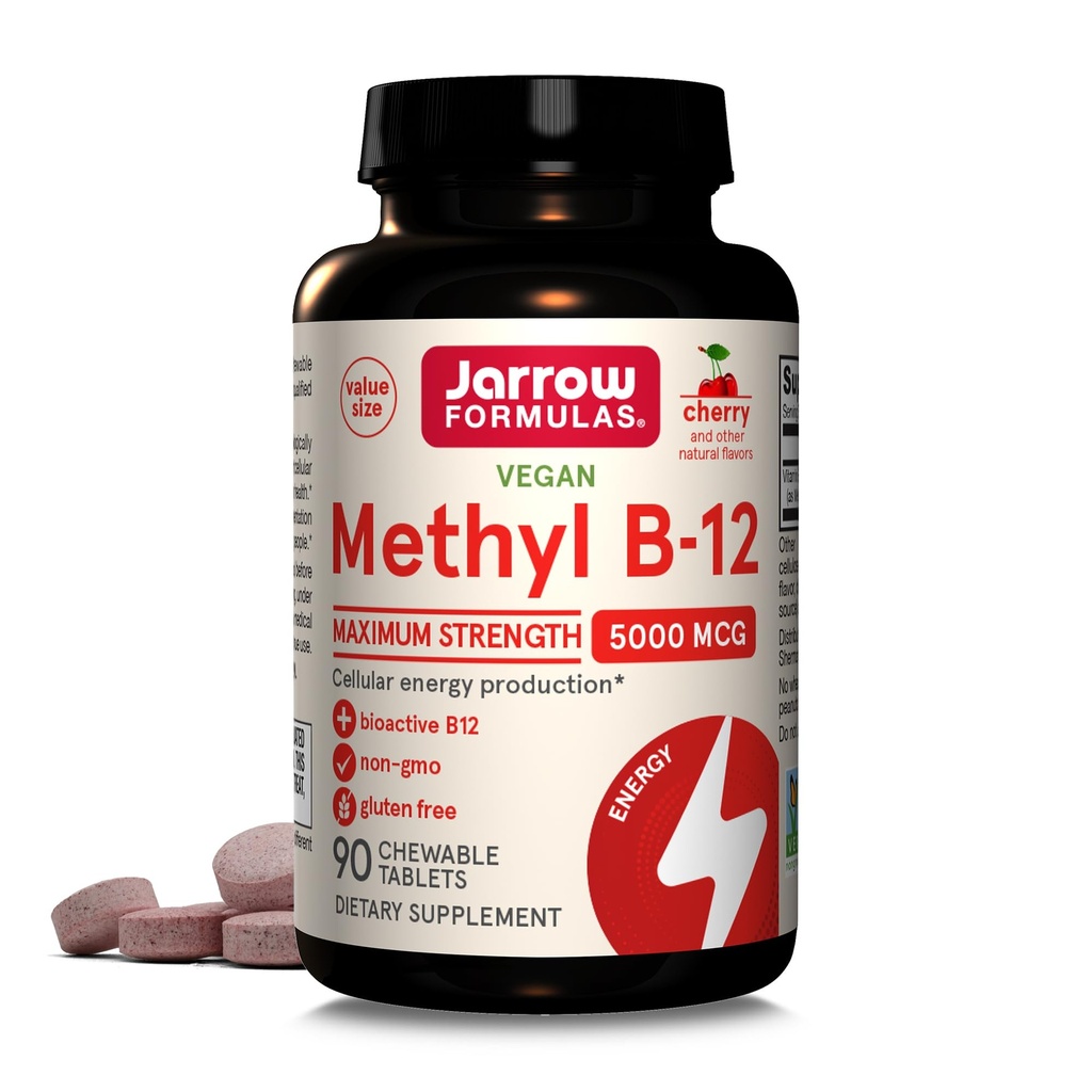 Jarrow Formulas Vitamin B12 5000 mcg - Maksimal styrke for cellulær energi og hjerne sundhed, 90 Cherry tyggetabletter, B12 Vitamin 5000 mcg