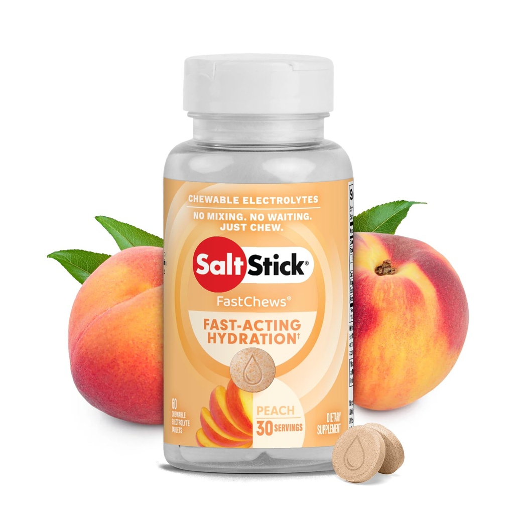 SaltStick Electrolyte FastChews - 60 Peach Chewable Electrolyte Tablets - Salt Tablets for løbere, Sportsnæring, Electrolyte Chews for Hydration